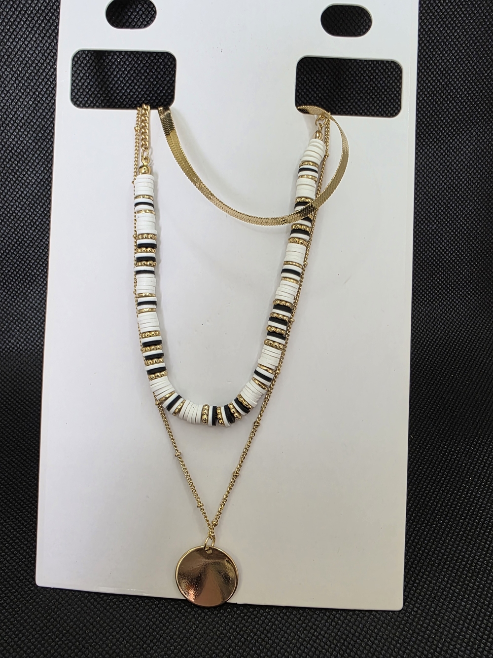 GAP Gold Layered Necklace with White and Black Beads Round Pendant